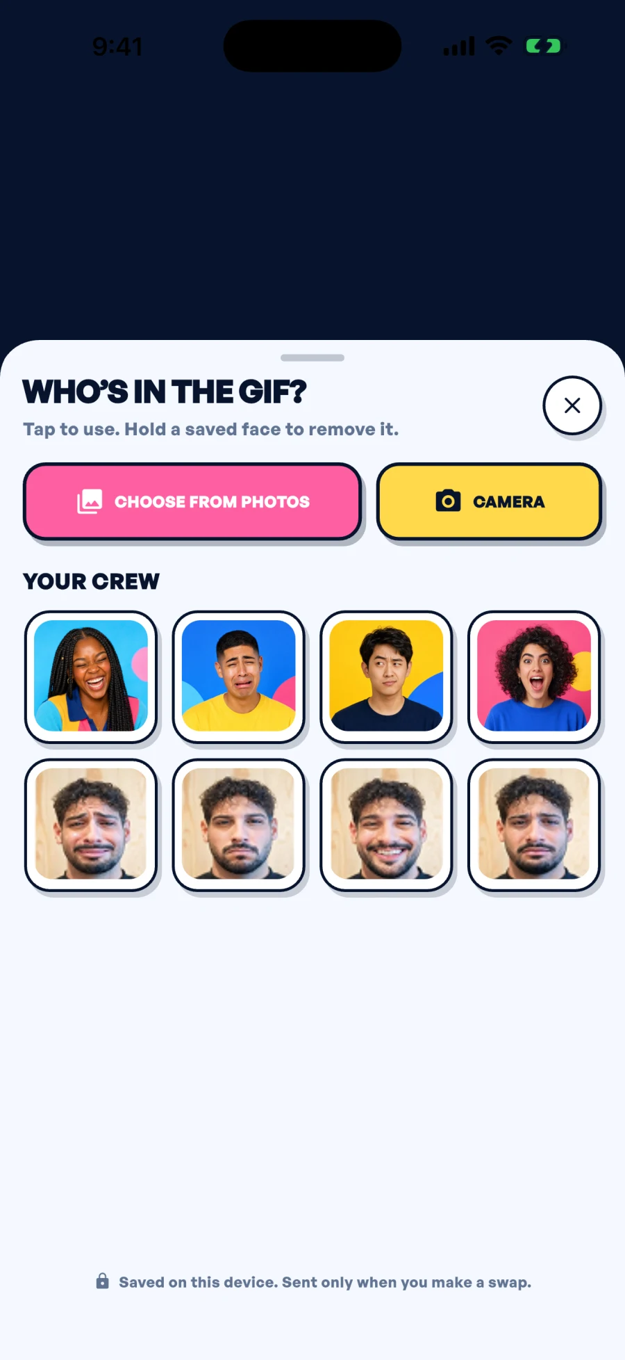 GIFSwap face picker showing photo, camera, and saved crew options