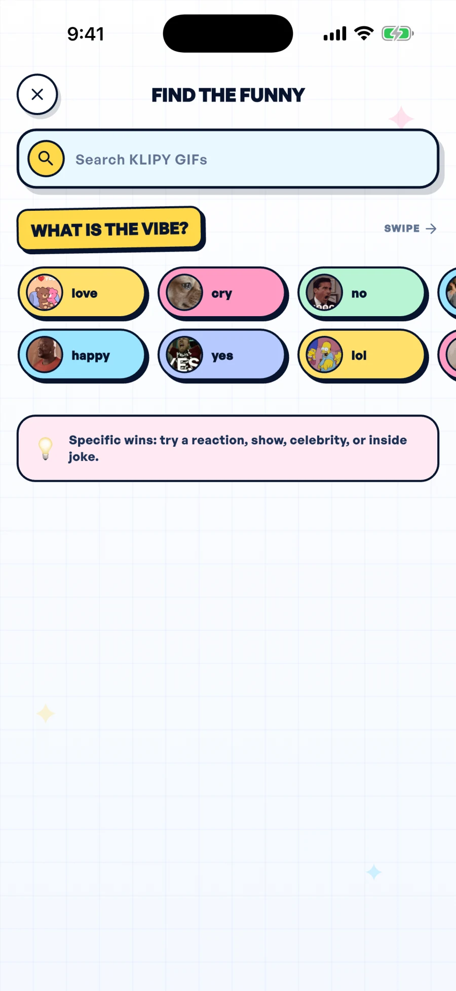 GIFSwap search screen with reaction and mood shortcuts
